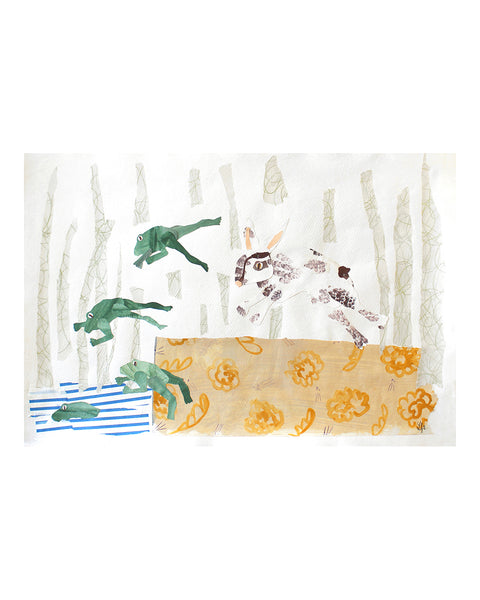 The Rabbit and the Frogs (Original Framed Collage)