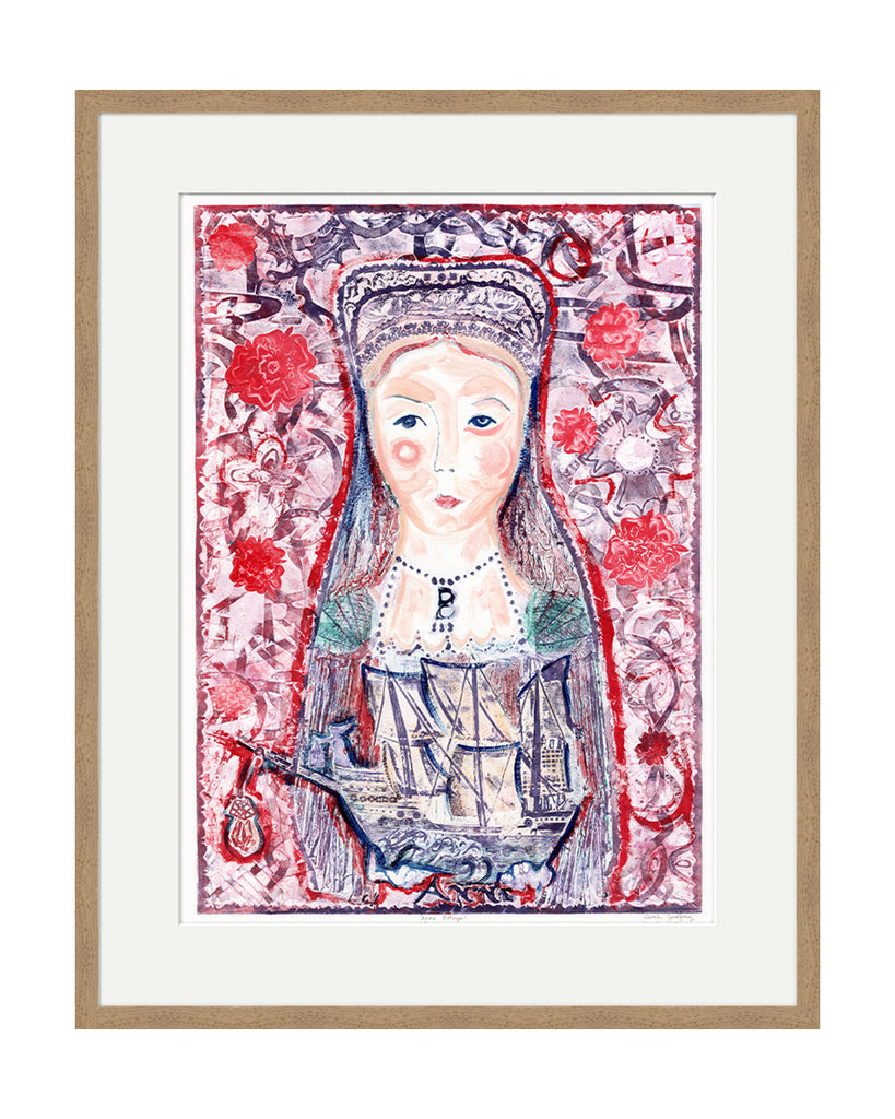 Anne Boleyn with Ship (Indigo Red) (Original Framed Collagraph)