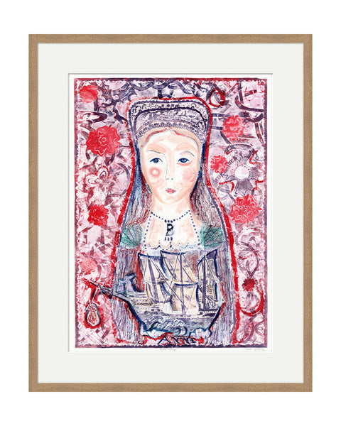 Anne Boleyn with Ship (Indigo Red) (Original Framed Collagraph)
