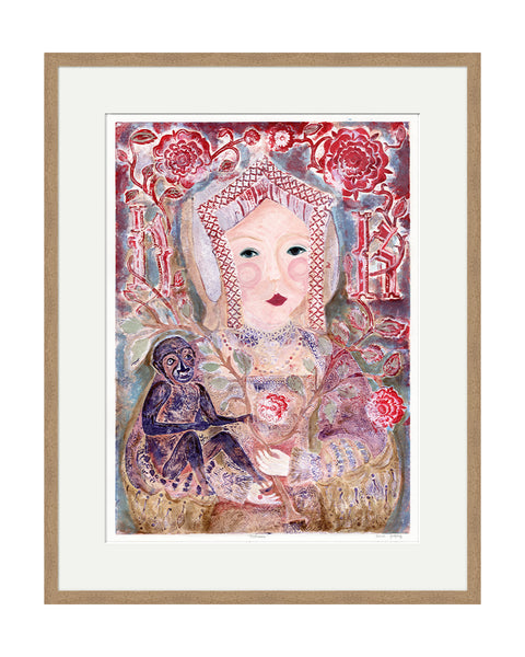 Katherine of Aragon & Monkey (Tapestry Red) (Original Framed Collagraph)