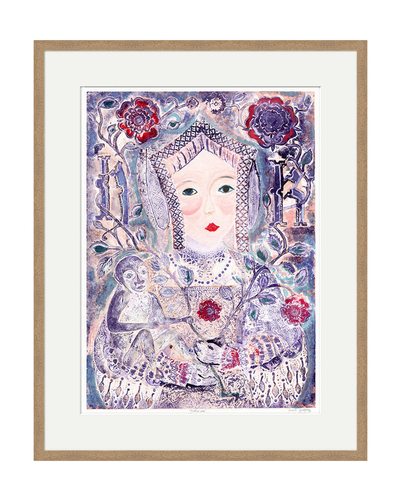 Katherine of Aragon & Monkey (Indigo) (Original Framed Collagraph)