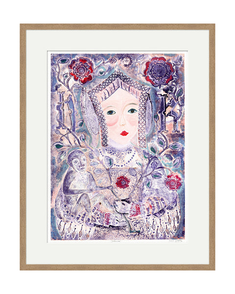 Katherine of Aragon & Monkey (Indigo) (Original Framed Collagraph)