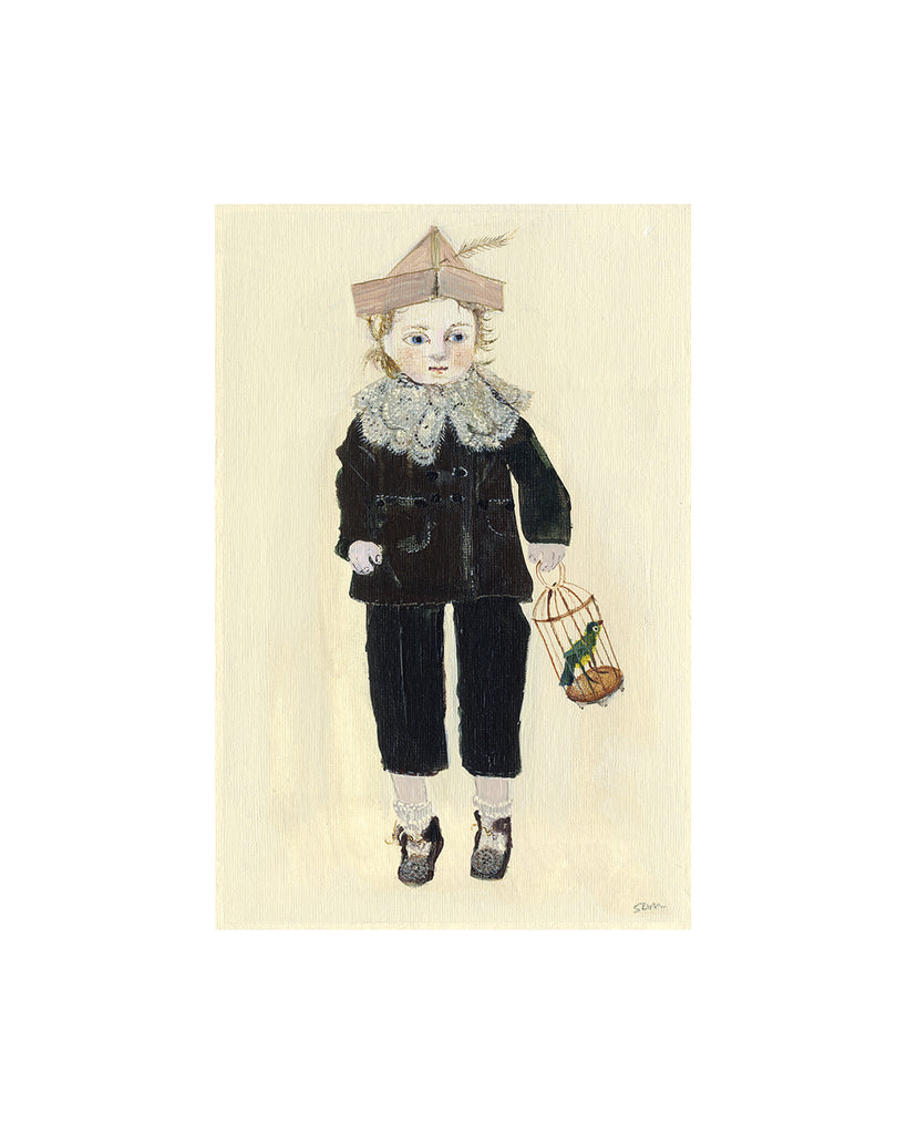 Doll with Birdcage (Original Framed Painting)