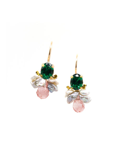Bumble Bee earrings (Green Crystal, pearls, cherry quartz)