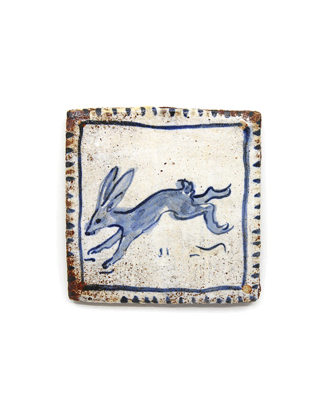 Leaping Blue Rabbit (Handmade Tile)