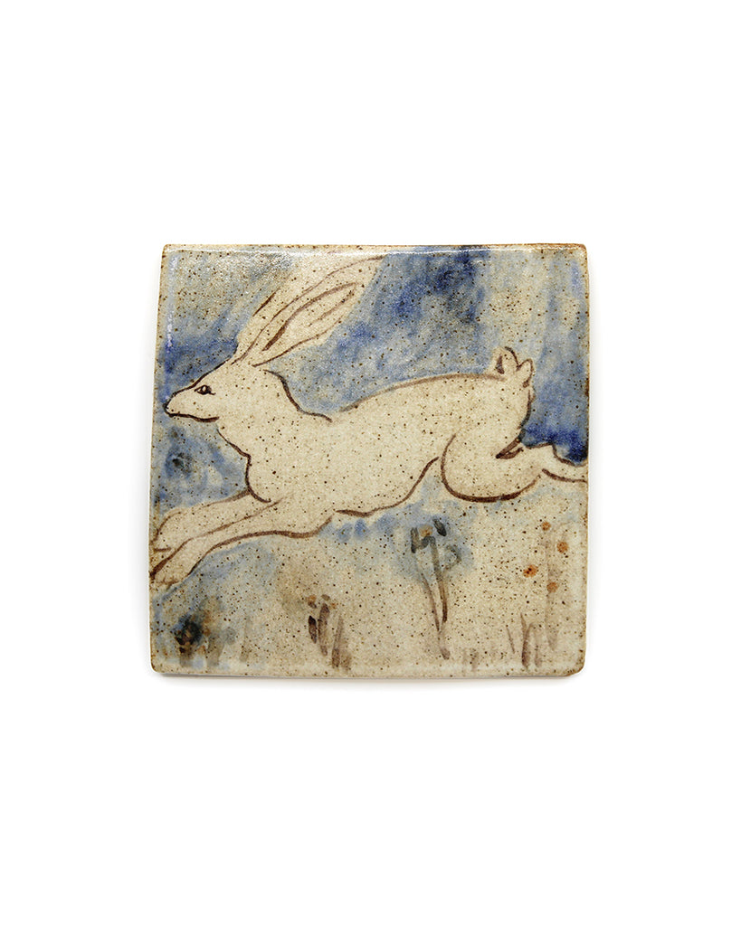 Leaping White Tapestry Rabbit (Handmade Tile)
