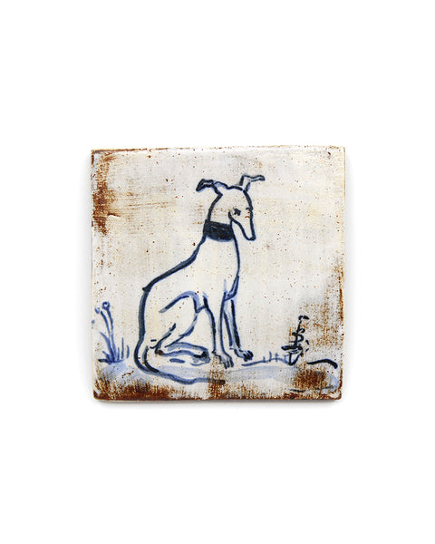 Seated White Tapestry Hound (Handmade Tile)