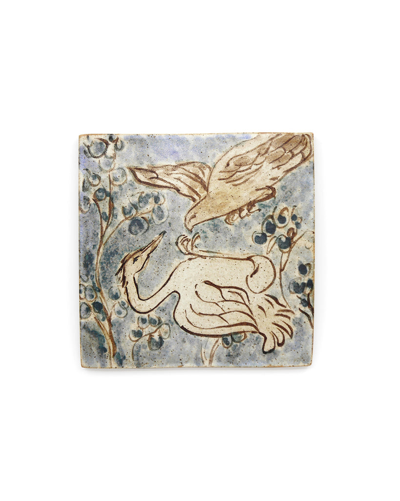Tapestry Falcon swoops on a heron (Handmade Tile)
