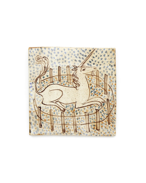 Tapestry Unicorn rests in a garden (Handmade Tile)