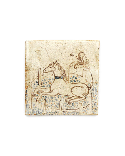 Tapestry Unicorn rests in a garden II (Handmade Tile)