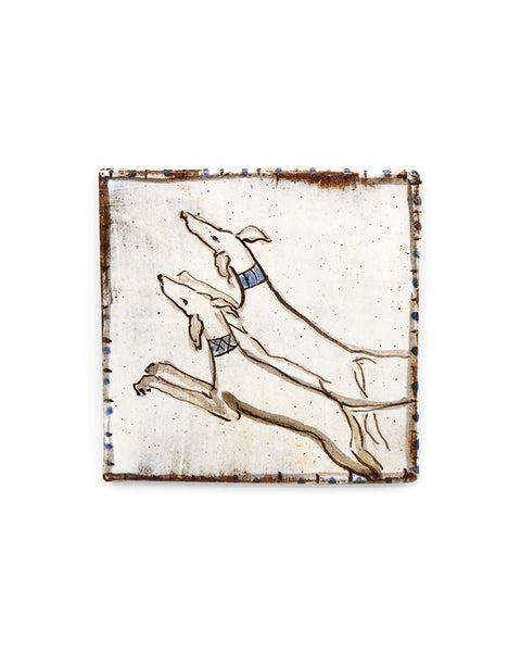 Two Tapestry Leaping Hounds (Handmade Tile)