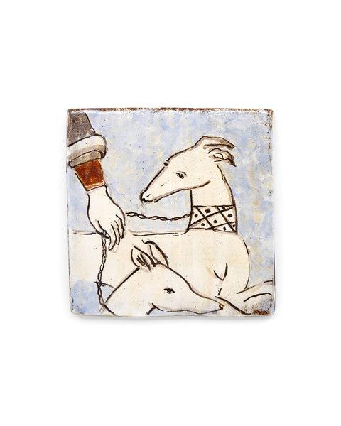 Two White Tapestry Hounds on the leash (Handmade Tile)