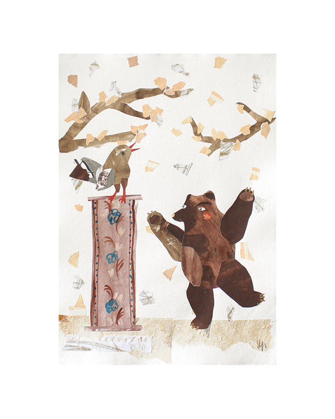 The Bear and the Wren (Original Framed Collage)
