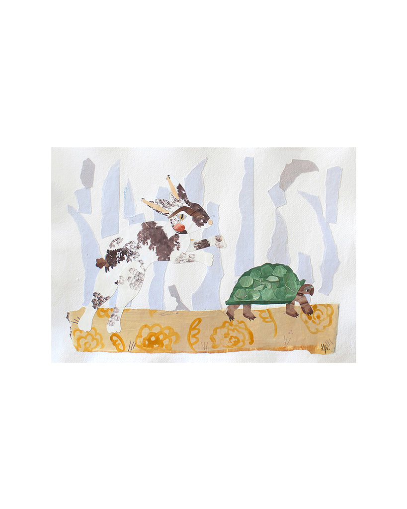 The Rabbit and the Turtle (Original Framed Collage)